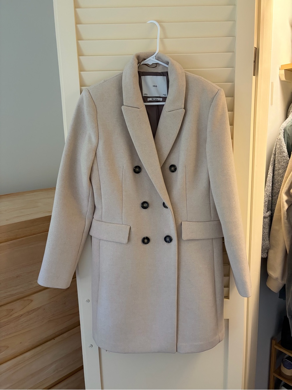 Mango Double-Breasted Pea Coat in Light Cream